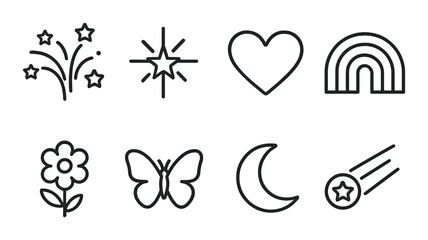 Simple black line icons on gradient gray background with nature and celestial motifs