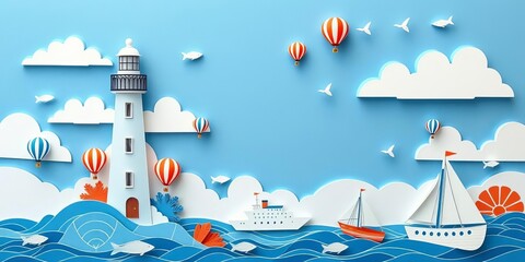 Layered blue & white paper cut design; lighthouse, hot air balloons, fish, clouds, ship, culinary elements,  layered,  colorful