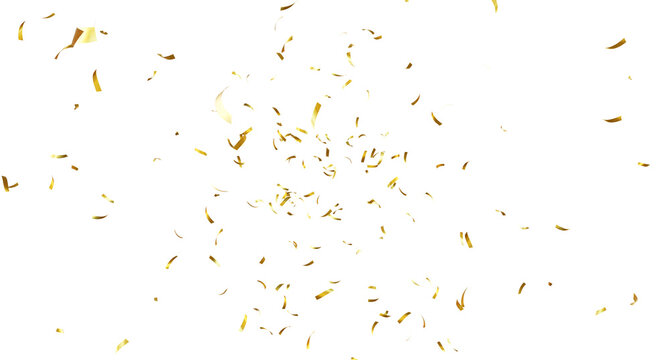 Falling isolated Gold Confetti. Glitter celebration PNG, Falling shiny gold confetti overlay on transparent background. 3d Rendering Transparent Confeti. Glossy golden festive tinsel. party, holiday, 