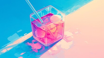 Vibrant summer cocktail, colorful drink in glass with ice, tropical vibes and playfull design, perfect for beach party themes.