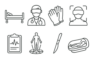 Medical equipment and professionals line icons set