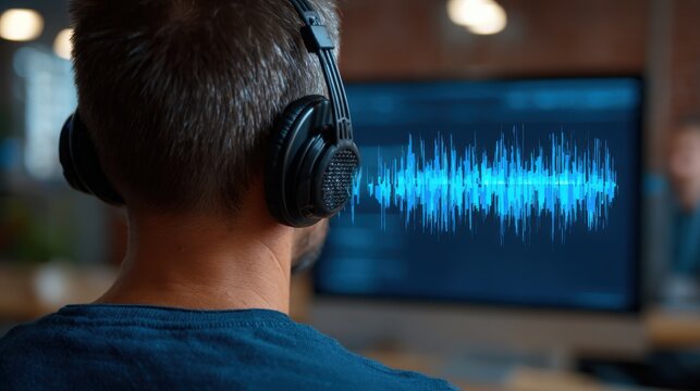 Person Wearing Headphones Viewing Audio Waveform on Computer Screen. - Powered by Adobe