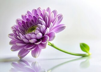 Delicate purple flower petals unfurl from a slender green stem against a soft white background