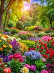 Vibrant blooms and lush foliage in a vibrant floral landscape