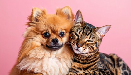 Obraz premium Tiny fluffy Pomeranian snuggled close to sleek Bengal cat in stylish modern setting, vibrant colors and playful heartwarming interspecies friendship.