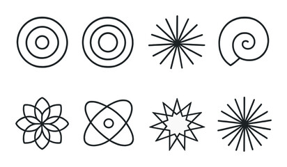 Set of geometric patterns and symbols on metallic background