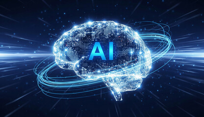 AI Brain Technology Concept with Glowing Neural Network and Futuristic Data Streams