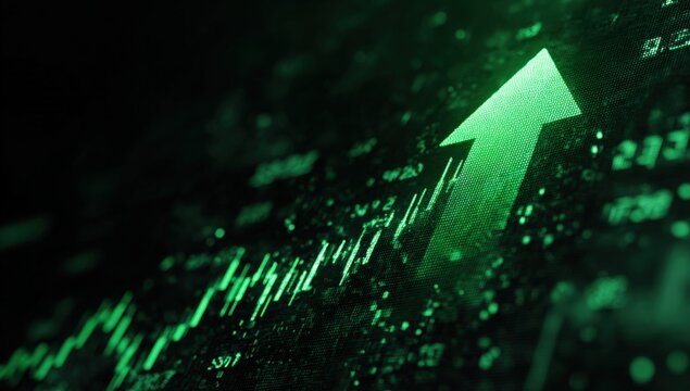 Glowing green upward arrow on a dark background with financial data