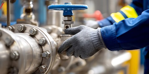 Fototapeta premium A worker in gloves operates a valve on an industrial pipe, highlighting maintenance in a mechanical setting.