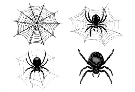 Four black and white spider web and spider illustrations