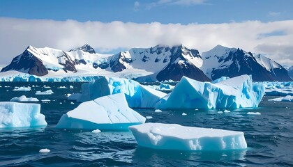 A breathtaking view of icy mountains and floating icebergs in a vibrant, sunny landscape.