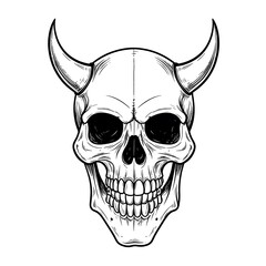 Detailed illustration of a skull with devilish horns, showcasing intricate linework and a sinister design.
