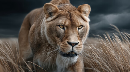 Fototapeta premium Hyper-realistic animation of a Pleistocene predator stalking straight toward the camera