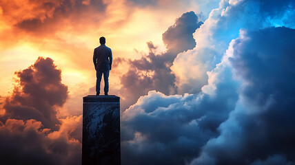silhouette of a lonely man standing on a pedestal winner success concept