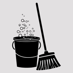 Mop Bucket Isolated Simple Vintage Graphic, Mop And Bucket Vector Drawing Clip Icon Set