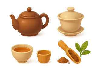 A Warm Collection of Tea Accessories Featuring a Classic Teapot, Cups, and Natural Ingredients for an Inviting Brewing Experience isolated on white or transparent png