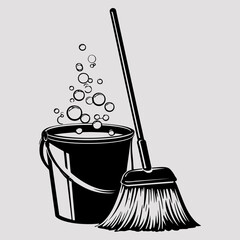 Mop Bucket Isolated Simple Vintage Graphic, Mop And Bucket Vector Drawing Clip Icon Set
