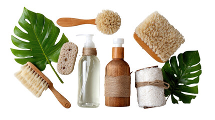 Assorted bath and body care products arranged with tropical leaves.  Natural-toned wooden handled brushes, loofah, and bottles of liquid soap are displayed.  A rolled-up washcloth is tied with twine