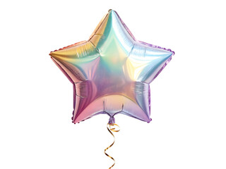 Iridescent star shaped foil balloon floating against a black background