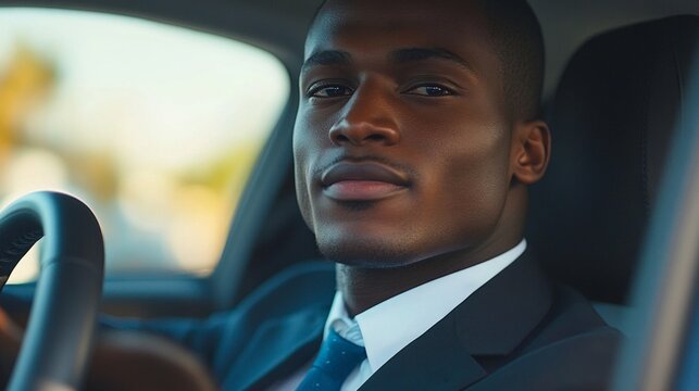 A man in a suit behind the wheel of a car, with a focused gaze and confidence, is useful for business articles and advertising premium services.