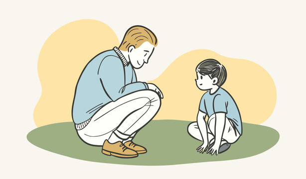 an adult squatted down in front of the child and sits on the same level with him and says something to him