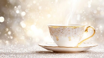 Elegant porcelain teacup with golden accents on a shimmering backdrop