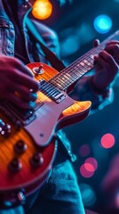 Obraz premium A musician plays an electric guitar under stage lights — perfectly conveying the energy of concerts, music festivals, and creative inspiration.