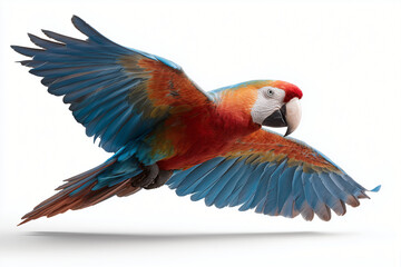 Fototapeta premium A vibrant parrot soaring through the air, showcasing its colorful plumage. This image captures the beauty and freedom of a magnificent bird in flight