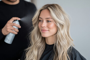 Hair stylist styling the hair of a beautiful woman. The woman has a calm expression on her face, and her hair is light-colored