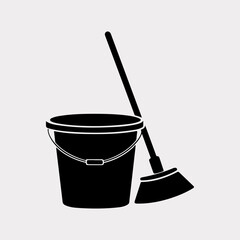 Mop Bucket Isolated Simple Vintage Graphic, Mop And Bucket Vector Drawing Clip Icon Set