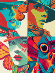 Pop art portraits of women with butterfly elements, combining surreal beauty, bold colors, and modern artistic expression.