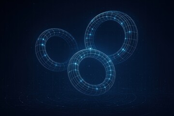 Abstract circular wireframe visualization on midnight blue technological background with futuristic design elements