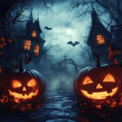 Fototapeta premium Cartoon Halloween illustration with two glowing pumpkins in the foreground and an ominous castle in the background. Bats and bare trees.