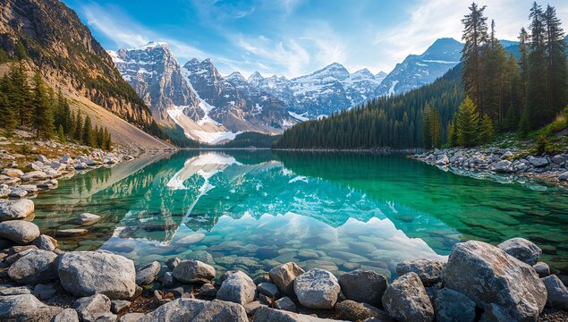 Stunning turquoise lake reflecting majestic snow capped mountains and pine trees - Powered by Adobe