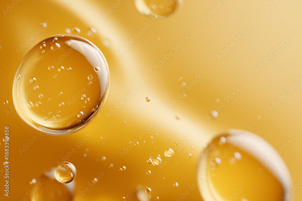 Poster close-up of amber-colored liquid drops creating an abstract design. the droplets shimmer with light.