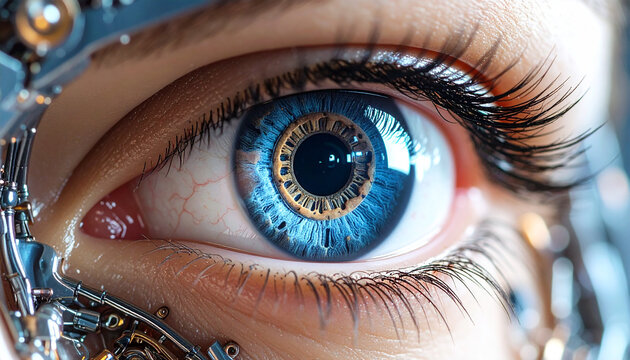 Vision of Tomorrow: A detailed close-up of a mesmerizing blue eye framed by metallic elements, suggesting a glimpse into the future of technology and human enhancement. 