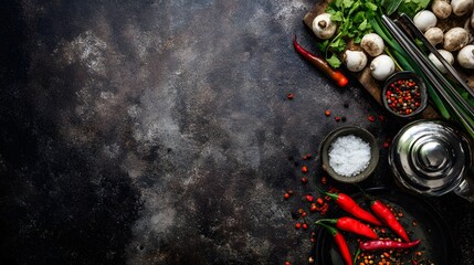 Asian cuisine ingredients beautifully arranged on a rustic stone surface with fresh herbs and spices.