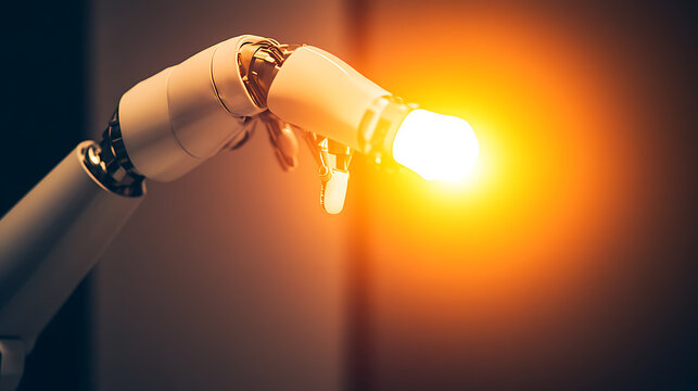 Robotic Arm Holding a Glowing Light Bulb