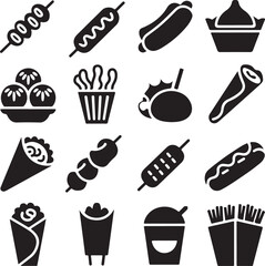 Collection of black and white fast food and street food icons hot dog
