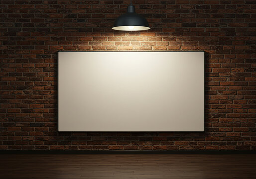 Kanvas kosong yang mencolok diterangi pada dinding bata bertekstur dengan lampu gantung industrial di atasnya.