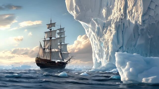 A detailed digital artwork of a sailing ship in the ocean with icebergs in the background. The ship is depicted with intricate rigging and sails, and its hull is a rich brown color.