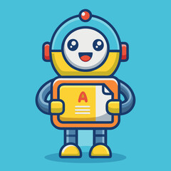 Cheerful cartoon robot holding a sign in a bright blue background