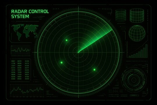 Advanced futuristic radar display interface with holographic elements and high-tech visualization for technology and defense industry presentations