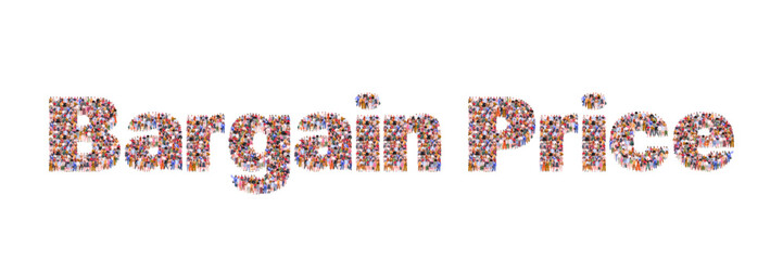 Large group of people forming the word Bargain Price.  Concept of sale, promotion and discounts. Marketing campaign concept. Vector. Not AI generated.