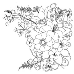 Black and white lines for corner decoration, border decoration, picture frame, abstract vintage flowers.