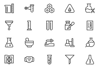 Laboratory line icon set. Containing experiment, test tube, microscope, flask, chemical, biology, research, lab and more. Thin outline icons pack. Vector illustration. editable stroke