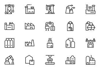 Factory line icon set. Containing industry, production, machine, manufacture, warehouse, fabrication, goods and more. icons collection. Thin outline icons pack. Vector illustration. editable stroke