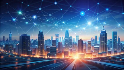 Obraz premium Cityscape at dusk with twinkling lights and simulated connections between areas