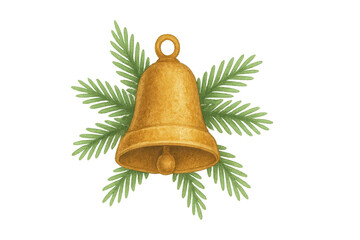 A Beautiful Golden Bell Surrounded by Lush Green Pine Branches, Perfectly Capturing the Spirit of Celebration and Festivity. isolated on white or transparent png