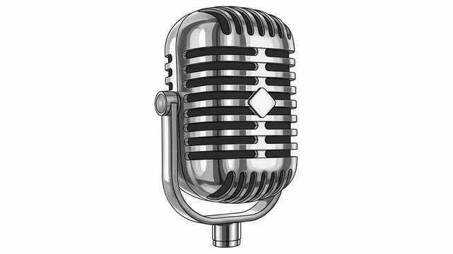 Close-up studio shot of a vintage microphone, showcasing its metallic silver and black details against a clean white background; conveying a classic and sophisticated